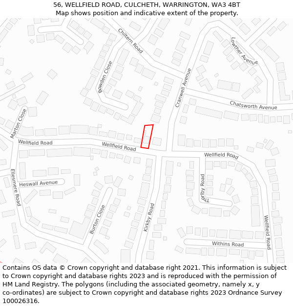 56, WELLFIELD ROAD, CULCHETH, WARRINGTON, WA3 4BT: Location map and indicative extent of plot