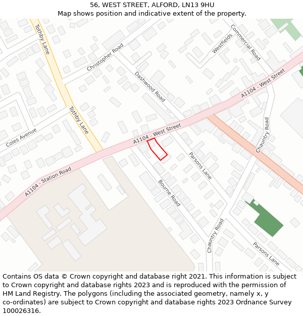 56, WEST STREET, ALFORD, LN13 9HU: Location map and indicative extent of plot