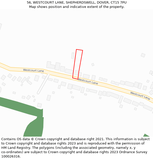 56, WESTCOURT LANE, SHEPHERDSWELL, DOVER, CT15 7PU: Location map and indicative extent of plot