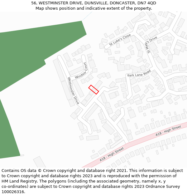 56, WESTMINSTER DRIVE, DUNSVILLE, DONCASTER, DN7 4QD: Location map and indicative extent of plot