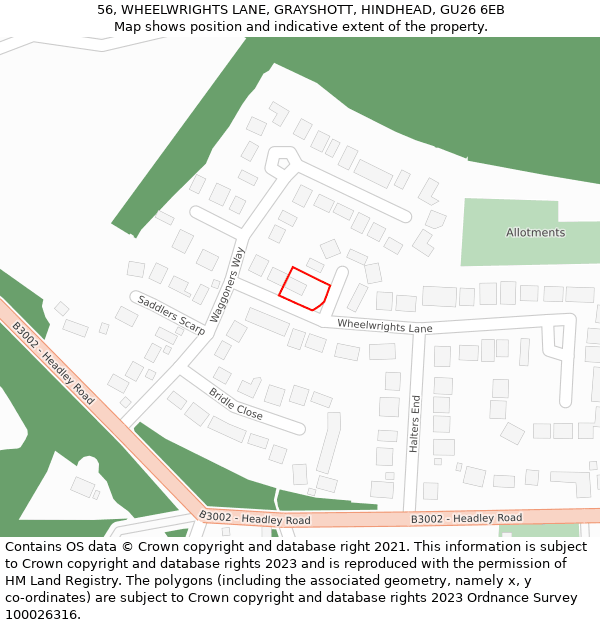 56, WHEELWRIGHTS LANE, GRAYSHOTT, HINDHEAD, GU26 6EB: Location map and indicative extent of plot