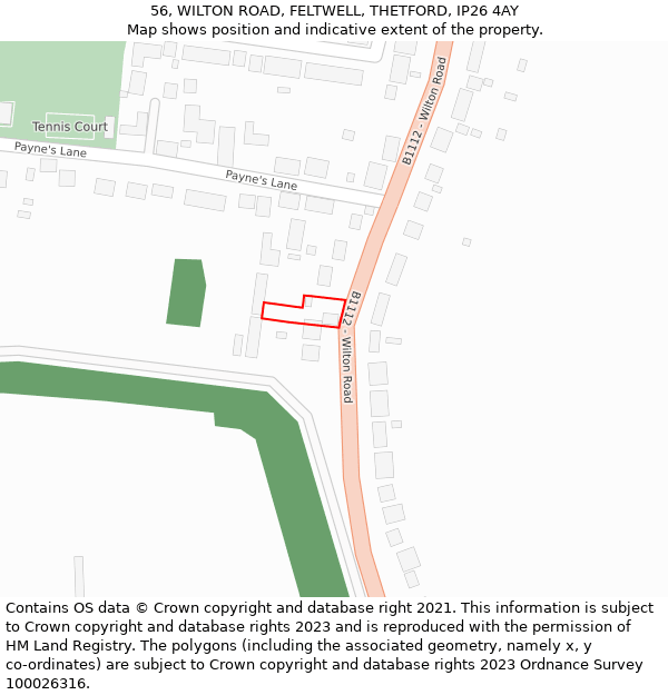 56, WILTON ROAD, FELTWELL, THETFORD, IP26 4AY: Location map and indicative extent of plot