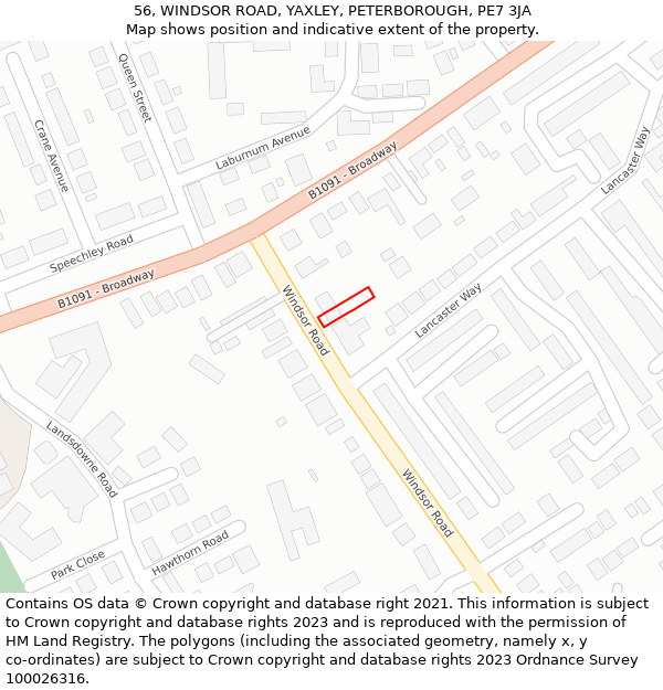 56, WINDSOR ROAD, YAXLEY, PETERBOROUGH, PE7 3JA: Location map and indicative extent of plot