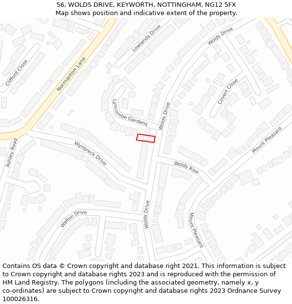 56, WOLDS DRIVE, KEYWORTH, NOTTINGHAM, NG12 5FX: Location map and indicative extent of plot