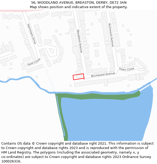 56, WOODLAND AVENUE, BREASTON, DERBY, DE72 3AN: Location map and indicative extent of plot