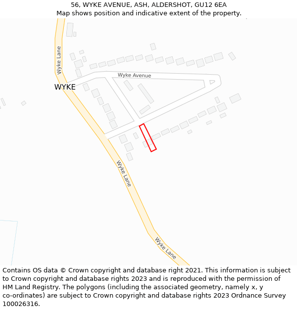 56, WYKE AVENUE, ASH, ALDERSHOT, GU12 6EA: Location map and indicative extent of plot