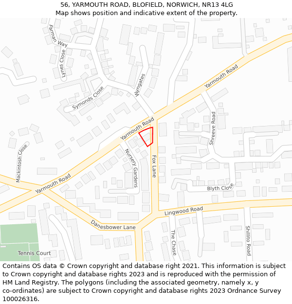 56, YARMOUTH ROAD, BLOFIELD, NORWICH, NR13 4LG: Location map and indicative extent of plot