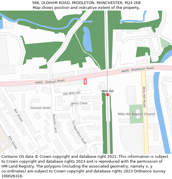 566, OLDHAM ROAD, MIDDLETON, MANCHESTER, M24 2EB: Location map and indicative extent of plot