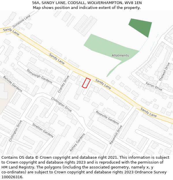 56A, SANDY LANE, CODSALL, WOLVERHAMPTON, WV8 1EN: Location map and indicative extent of plot