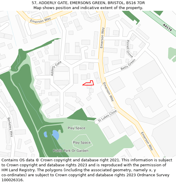 57, ADDERLY GATE, EMERSONS GREEN, BRISTOL, BS16 7DR: Location map and indicative extent of plot