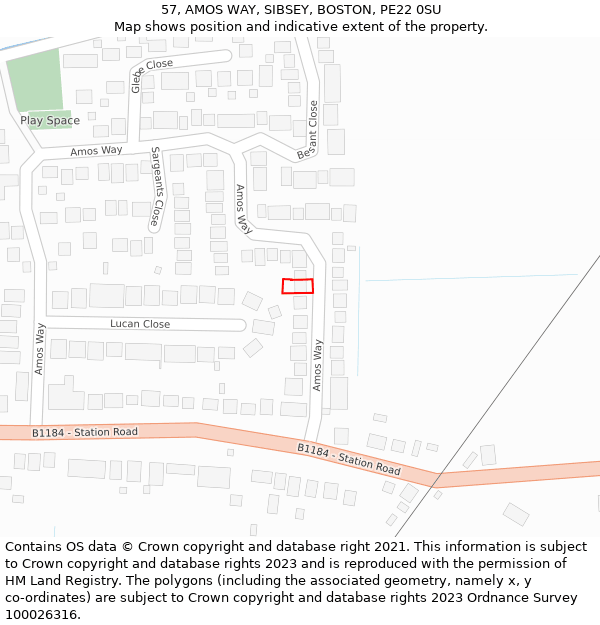 57, AMOS WAY, SIBSEY, BOSTON, PE22 0SU: Location map and indicative extent of plot