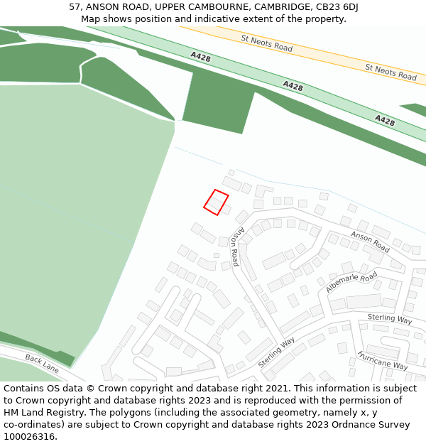 57, ANSON ROAD, UPPER CAMBOURNE, CAMBRIDGE, CB23 6DJ: Location map and indicative extent of plot