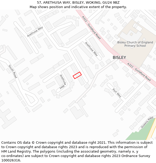 57, ARETHUSA WAY, BISLEY, WOKING, GU24 9BZ: Location map and indicative extent of plot