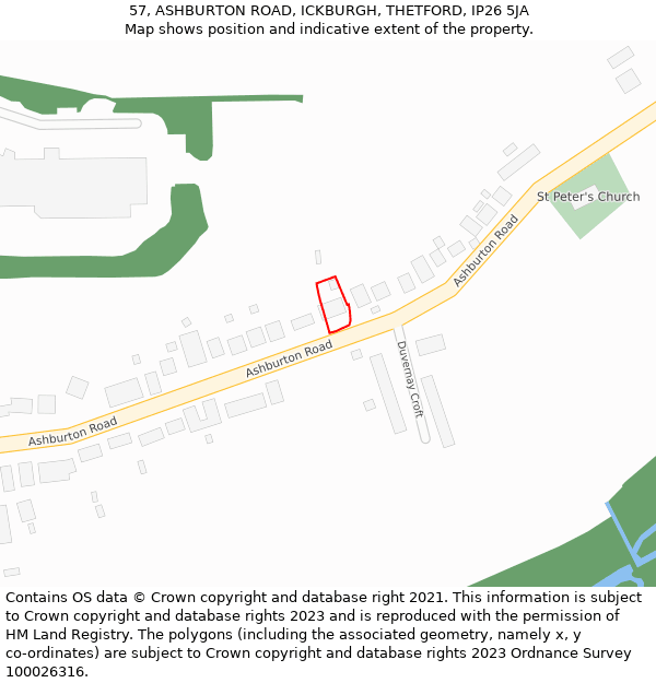57, ASHBURTON ROAD, ICKBURGH, THETFORD, IP26 5JA: Location map and indicative extent of plot