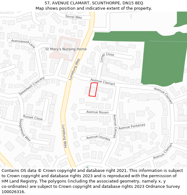 57, AVENUE CLAMART, SCUNTHORPE, DN15 8EQ: Location map and indicative extent of plot