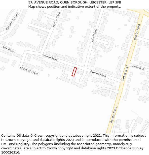 57, AVENUE ROAD, QUENIBOROUGH, LEICESTER, LE7 3FB: Location map and indicative extent of plot