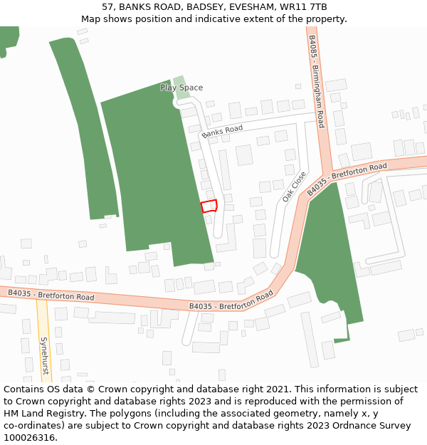 57, BANKS ROAD, BADSEY, EVESHAM, WR11 7TB: Location map and indicative extent of plot