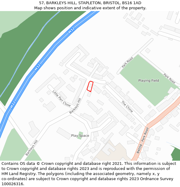 57, BARKLEYS HILL, STAPLETON, BRISTOL, BS16 1AD: Location map and indicative extent of plot