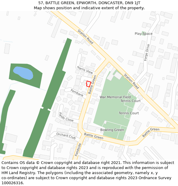 57, BATTLE GREEN, EPWORTH, DONCASTER, DN9 1JT: Location map and indicative extent of plot