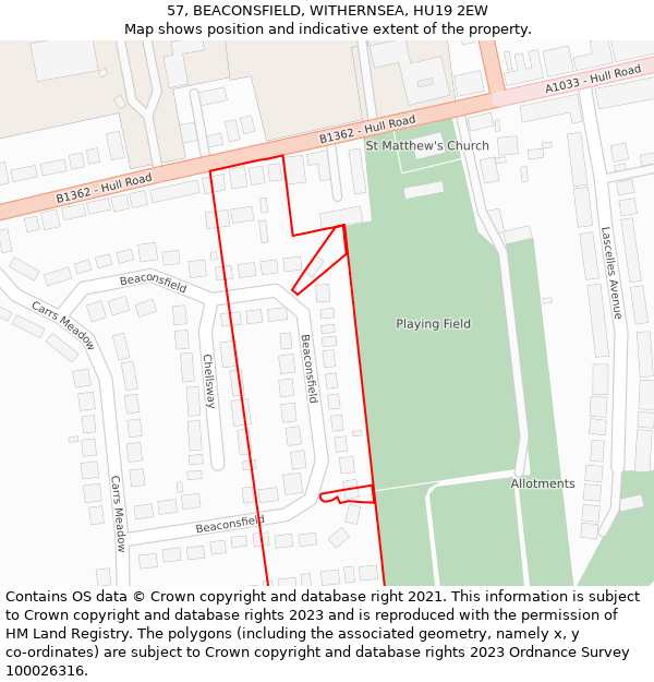 57, BEACONSFIELD, WITHERNSEA, HU19 2EW: Location map and indicative extent of plot