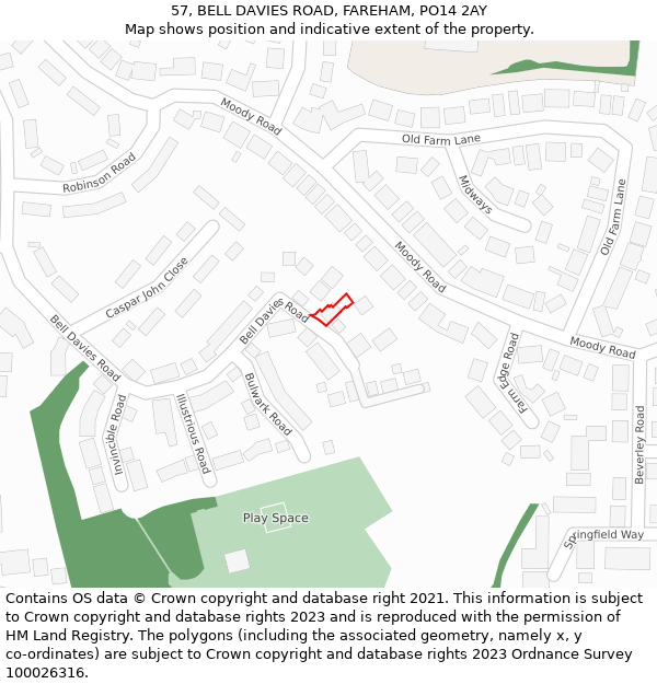 57, BELL DAVIES ROAD, FAREHAM, PO14 2AY: Location map and indicative extent of plot