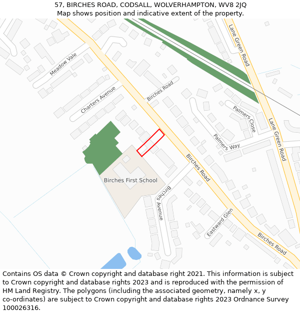 57, BIRCHES ROAD, CODSALL, WOLVERHAMPTON, WV8 2JQ: Location map and indicative extent of plot