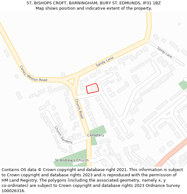 57, BISHOPS CROFT, BARNINGHAM, BURY ST. EDMUNDS, IP31 1BZ: Location map and indicative extent of plot