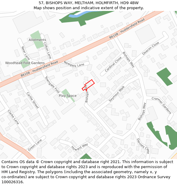 57, BISHOPS WAY, MELTHAM, HOLMFIRTH, HD9 4BW: Location map and indicative extent of plot