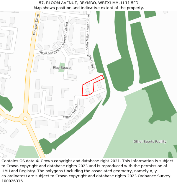 57, BLOOM AVENUE, BRYMBO, WREXHAM, LL11 5FD: Location map and indicative extent of plot