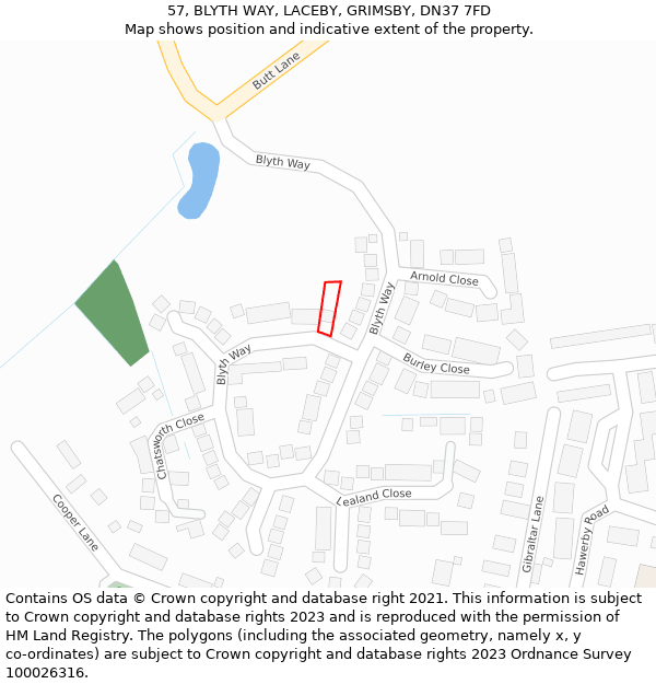 57, BLYTH WAY, LACEBY, GRIMSBY, DN37 7FD: Location map and indicative extent of plot