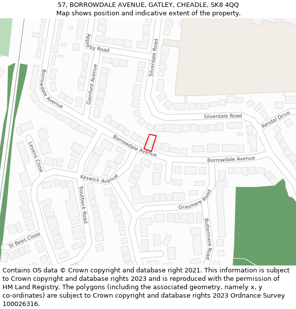 57, BORROWDALE AVENUE, GATLEY, CHEADLE, SK8 4QQ: Location map and indicative extent of plot