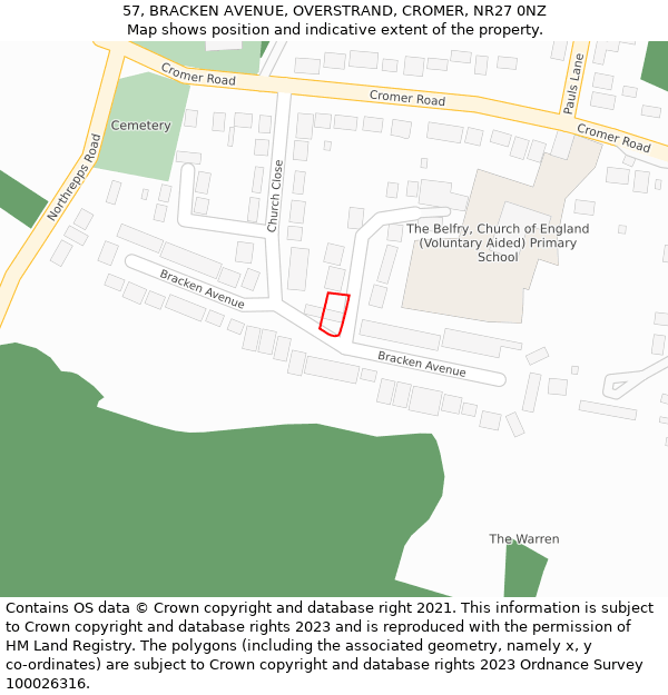 57, BRACKEN AVENUE, OVERSTRAND, CROMER, NR27 0NZ: Location map and indicative extent of plot