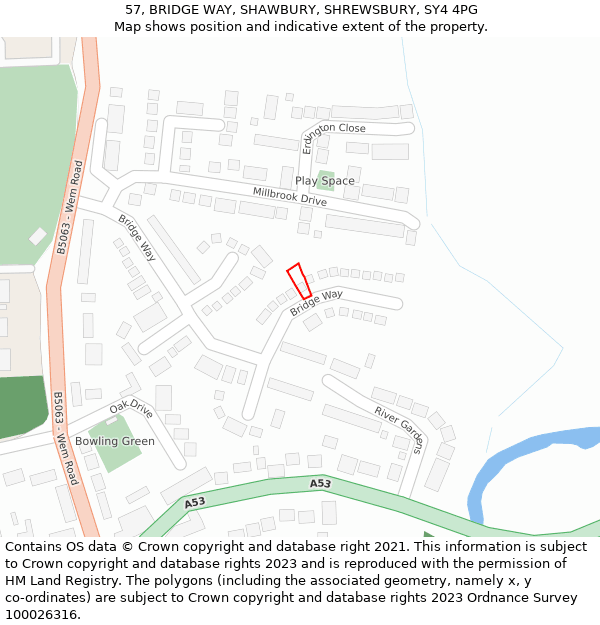 57, BRIDGE WAY, SHAWBURY, SHREWSBURY, SY4 4PG: Location map and indicative extent of plot