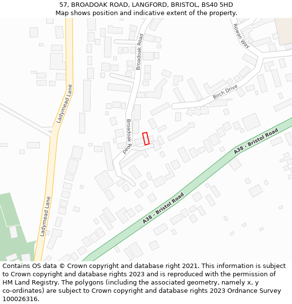 57, BROADOAK ROAD, LANGFORD, BRISTOL, BS40 5HD: Location map and indicative extent of plot