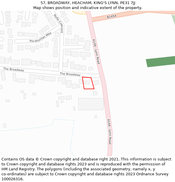 57, BROADWAY, HEACHAM, KING'S LYNN, PE31 7JJ: Location map and indicative extent of plot