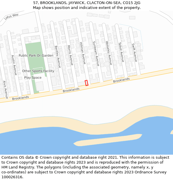 57, BROOKLANDS, JAYWICK, CLACTON-ON-SEA, CO15 2JG: Location map and indicative extent of plot