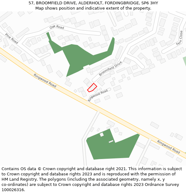 57, BROOMFIELD DRIVE, ALDERHOLT, FORDINGBRIDGE, SP6 3HY: Location map and indicative extent of plot