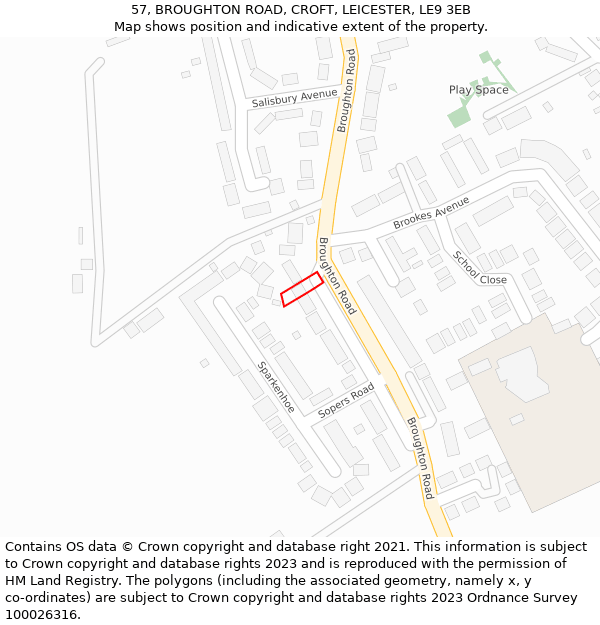 57, BROUGHTON ROAD, CROFT, LEICESTER, LE9 3EB: Location map and indicative extent of plot