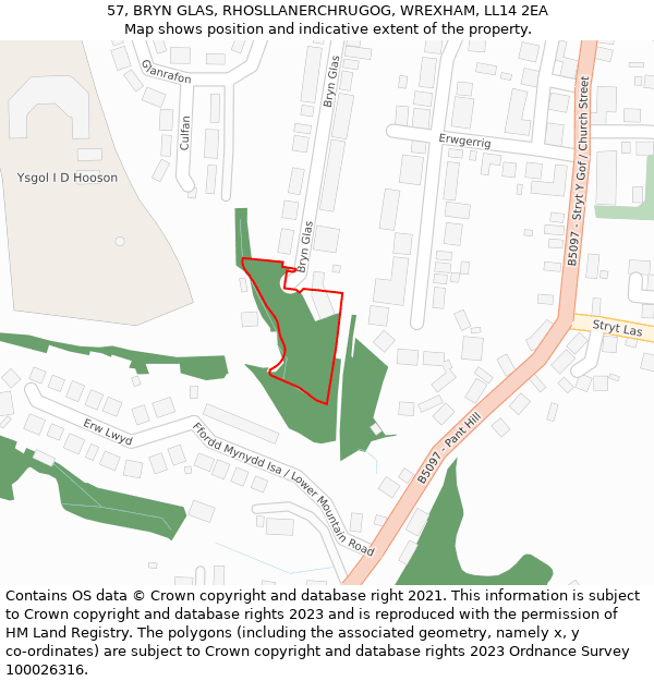 57, BRYN GLAS, RHOSLLANERCHRUGOG, WREXHAM, LL14 2EA: Location map and indicative extent of plot