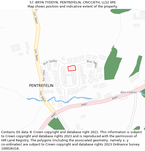 57, BRYN TYDDYN, PENTREFELIN, CRICCIETH, LL52 0PE: Location map and indicative extent of plot