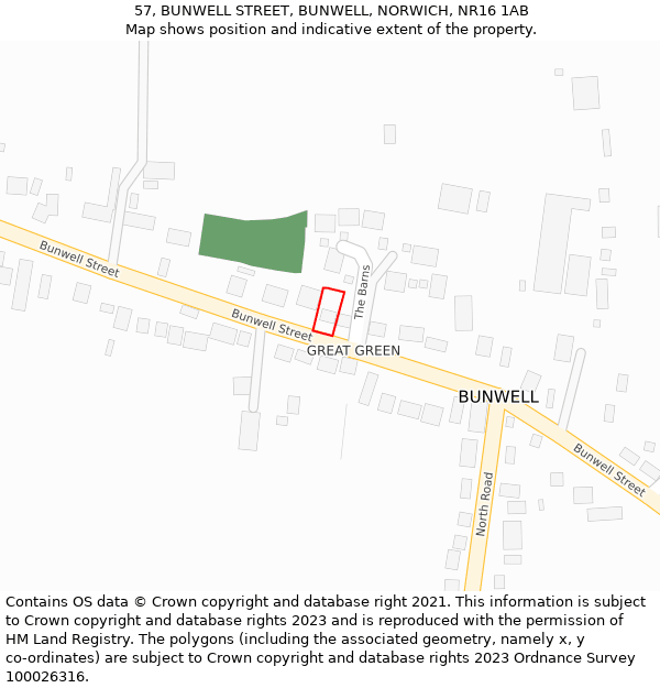 57, BUNWELL STREET, BUNWELL, NORWICH, NR16 1AB: Location map and indicative extent of plot