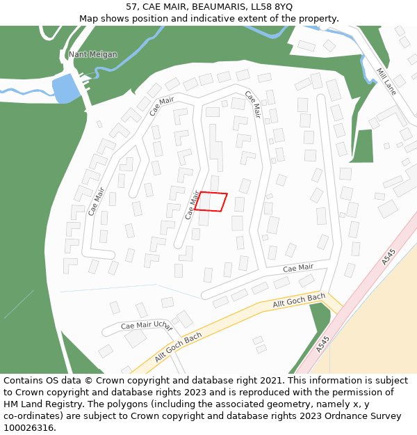 57, CAE MAIR, BEAUMARIS, LL58 8YQ: Location map and indicative extent of plot