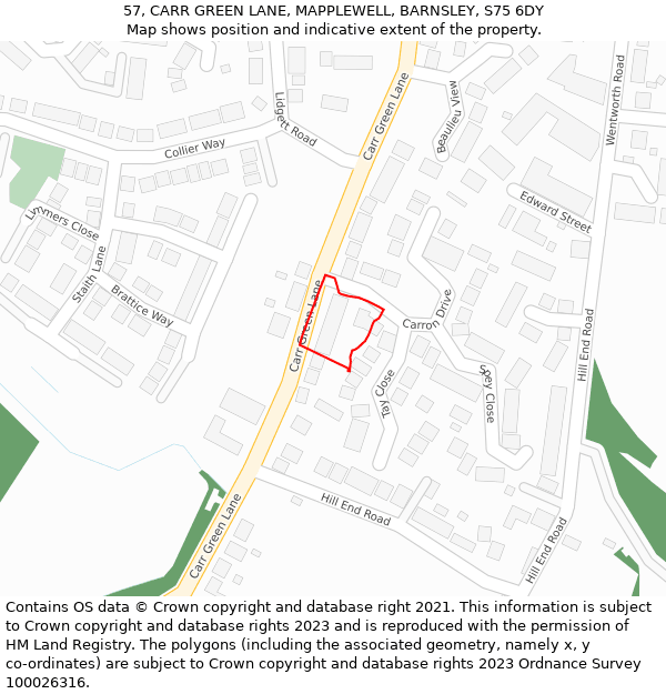57, CARR GREEN LANE, MAPPLEWELL, BARNSLEY, S75 6DY: Location map and indicative extent of plot