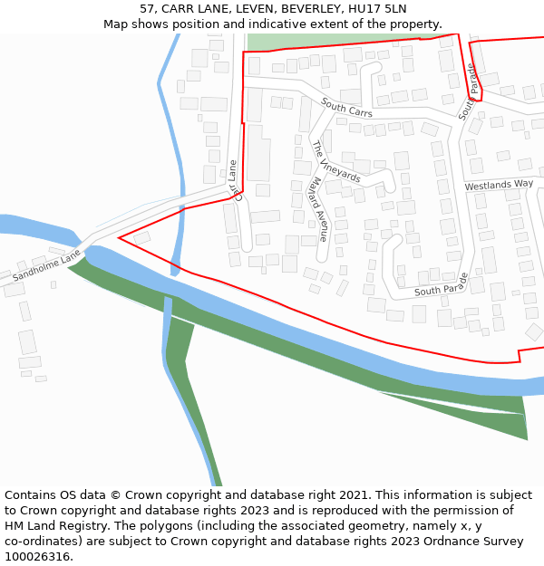 57, CARR LANE, LEVEN, BEVERLEY, HU17 5LN: Location map and indicative extent of plot