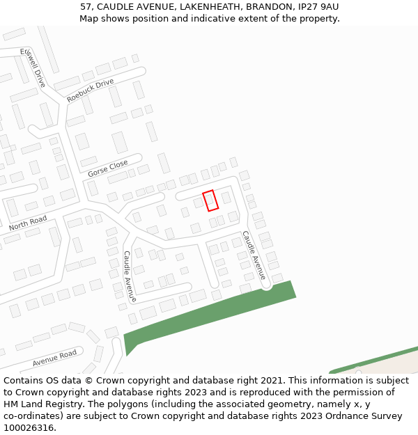 57, CAUDLE AVENUE, LAKENHEATH, BRANDON, IP27 9AU: Location map and indicative extent of plot