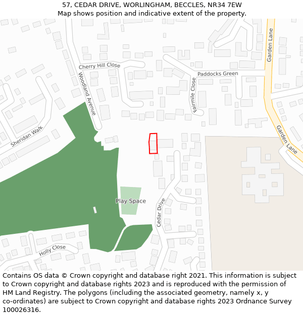 57, CEDAR DRIVE, WORLINGHAM, BECCLES, NR34 7EW: Location map and indicative extent of plot