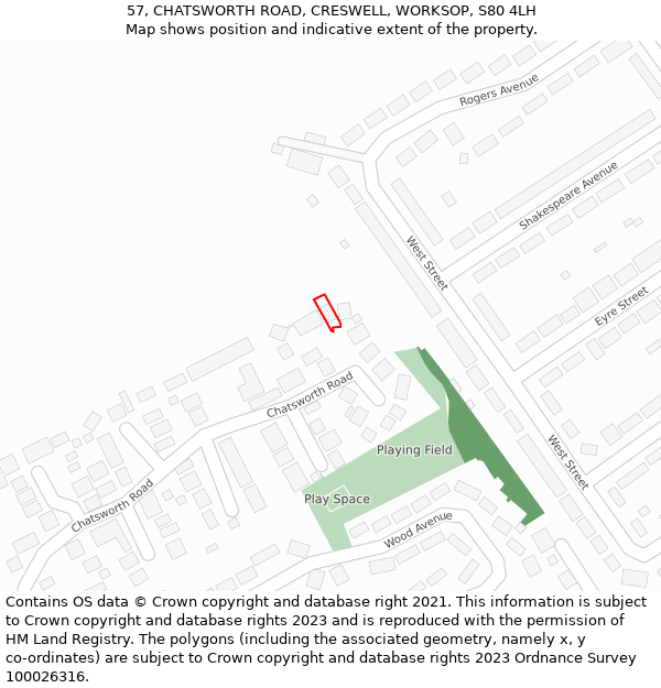 57, CHATSWORTH ROAD, CRESWELL, WORKSOP, S80 4LH: Location map and indicative extent of plot