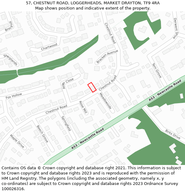 57, CHESTNUT ROAD, LOGGERHEADS, MARKET DRAYTON, TF9 4RA: Location map and indicative extent of plot