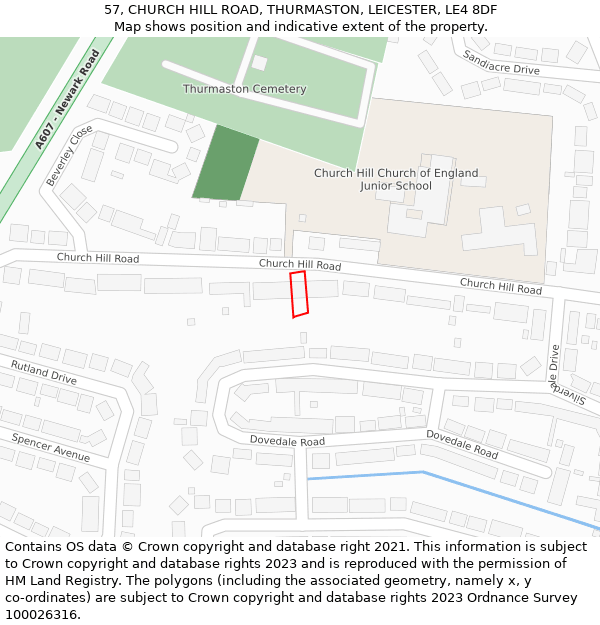 57, CHURCH HILL ROAD, THURMASTON, LEICESTER, LE4 8DF: Location map and indicative extent of plot