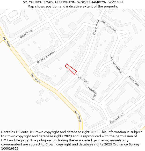 57, CHURCH ROAD, ALBRIGHTON, WOLVERHAMPTON, WV7 3LH: Location map and indicative extent of plot